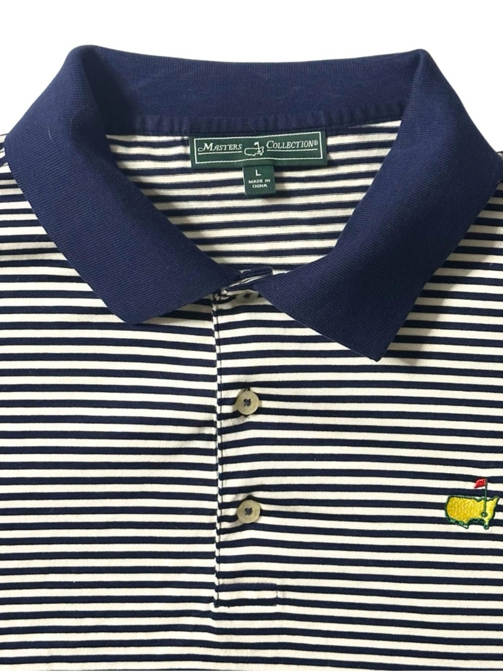 Masters Navy & White Striped Polo with Embroidered Yellow Logo